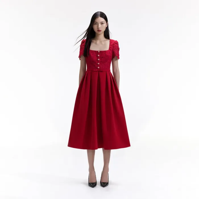 Self Portrait Dresses Red Lace Crepe Midi Dress 8211 Women