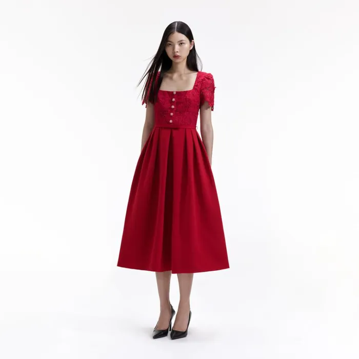Self Portrait Dresses Red Lace Crepe Midi Dress 8211 Women Self Portrait Dresses Red Lace Crepe Midi Dress 8211 Women