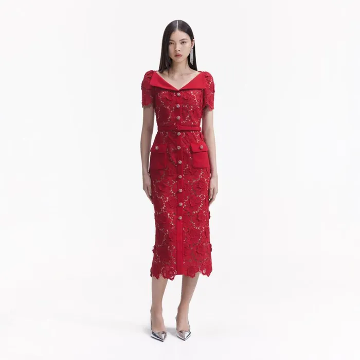 Self Portrait Dresses Red Lace Open Neck Midi Dress 8211 Women