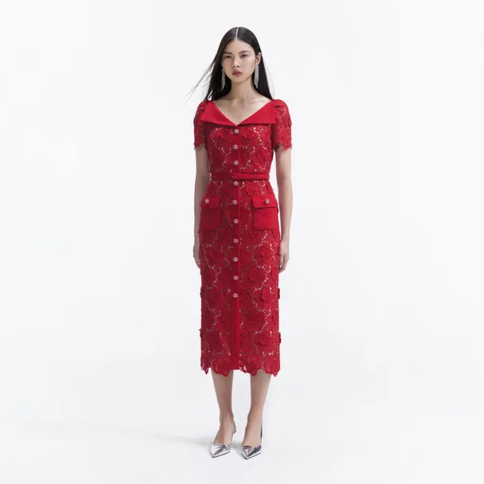Self Portrait Dresses Red Lace Open Neck Midi Dress 8211 Women Self Portrait Dresses Red Lace Open Neck Midi Dress 8211 Women