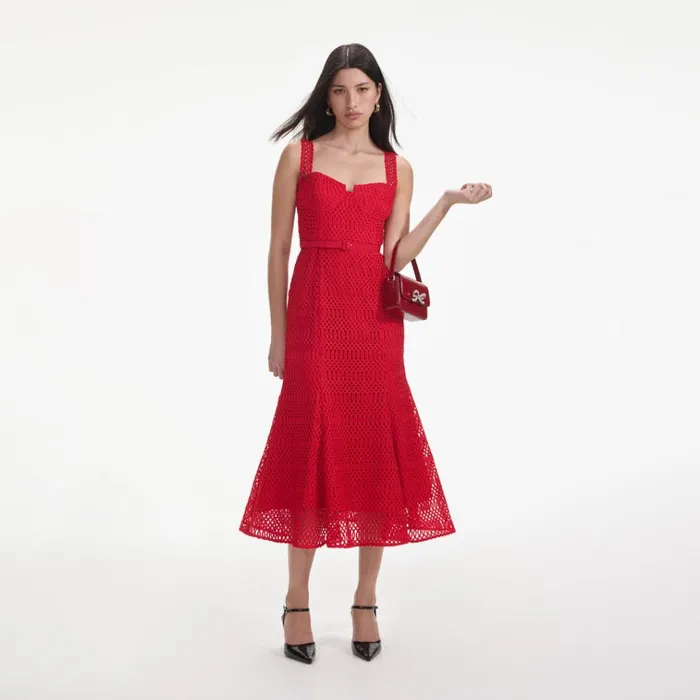 Self Portrait Dresses Red Lattice Lace Midi Dress 8211 Women