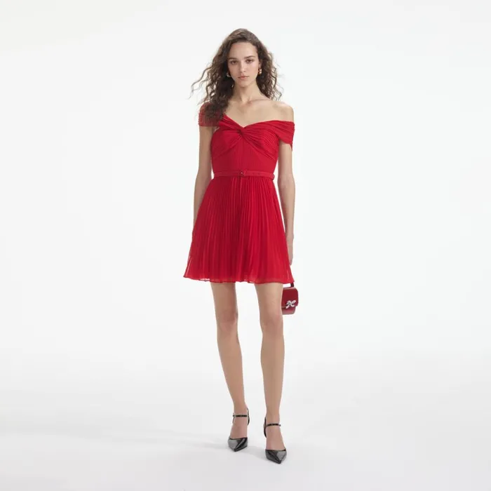 Self Portrait Dresses Red Off Shoulder Chiffon Mini Dress 8211 Women
