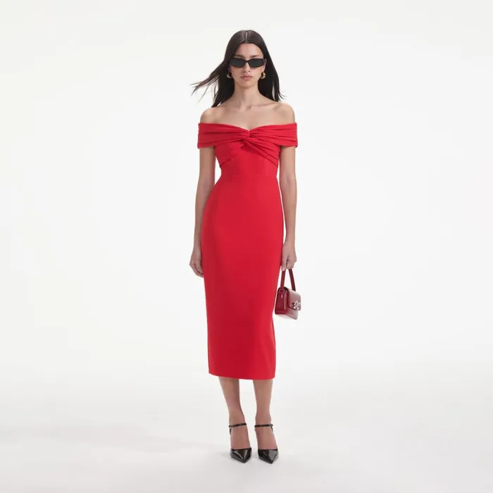 Self Portrait Dresses Red Off Shoulder Midi Dress 8211 Women