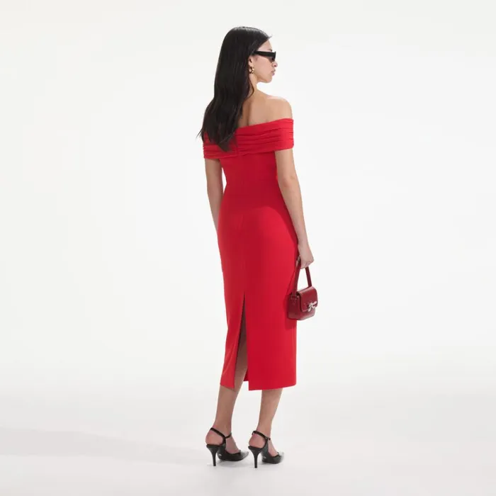 Self Portrait Dresses Red Off Shoulder Midi Dress 8211 Women Self Portrait Dresses Red Off Shoulder Midi Dress 8211 Women