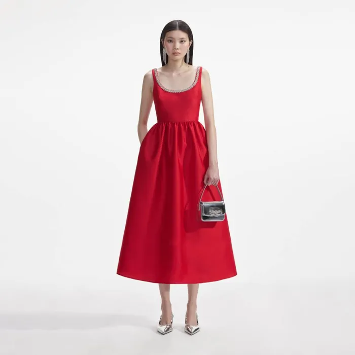 Self Portrait Dresses Red Taffeta Diamante Midi Dress 8211 Women