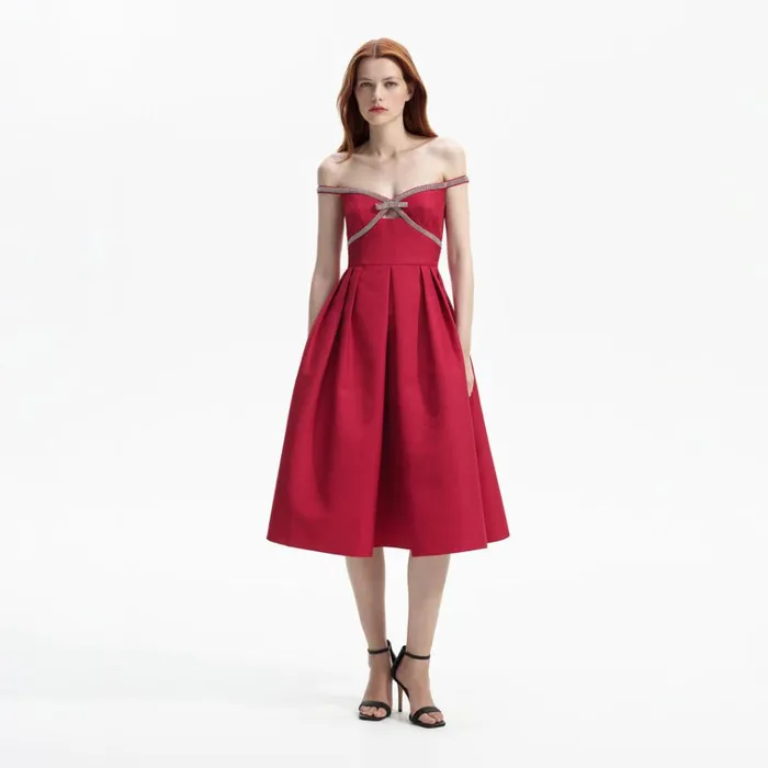 Self Portrait Dresses Red Textured Diamante Midi Dress 8211 Women