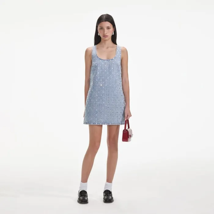Self Portrait Dresses Square Rhinestone Denim Mini Dress 8211 Women