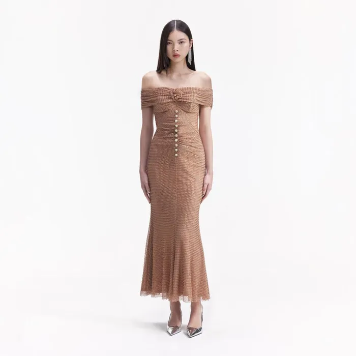Self Portrait Dresses Tan Rhinestone Midi Dress 8211 Women