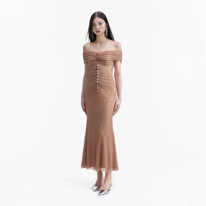 Self Portrait Dresses Tan Rhinestone Midi Dress 8211 Women Self Portrait Dresses Tan Rhinestone Midi Dress 8211 Women