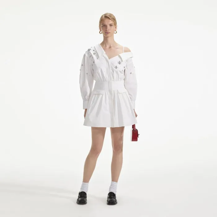 Self Portrait Dresses White Cotton Embellished Mini Dress 8211 Women