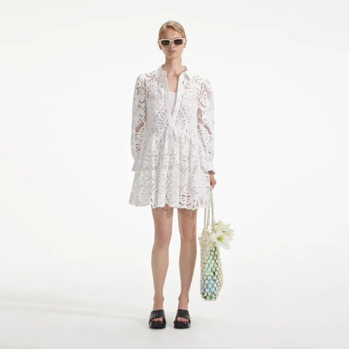 Self Portrait Dresses White Cotton Lace Mini Shirt Dress 8211 Women