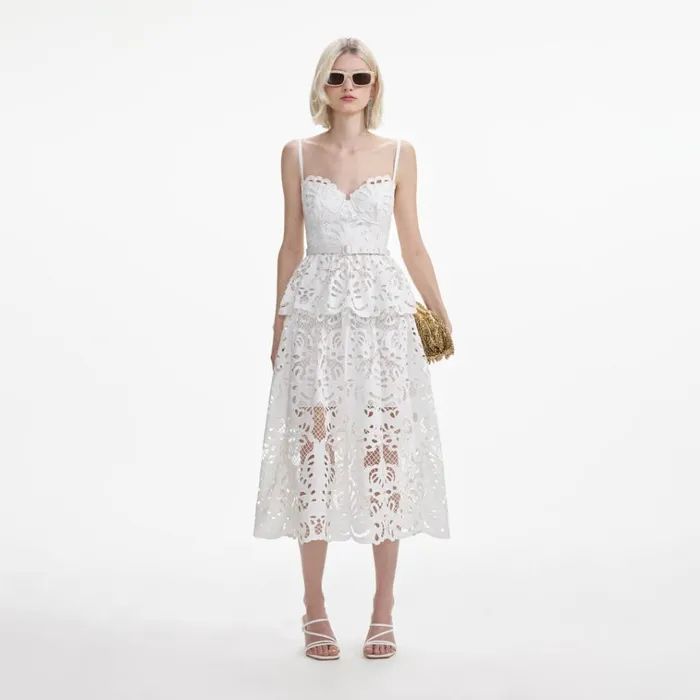 Self Portrait Dresses White Cotton Lace Tiered Midi Dress 8211 Women