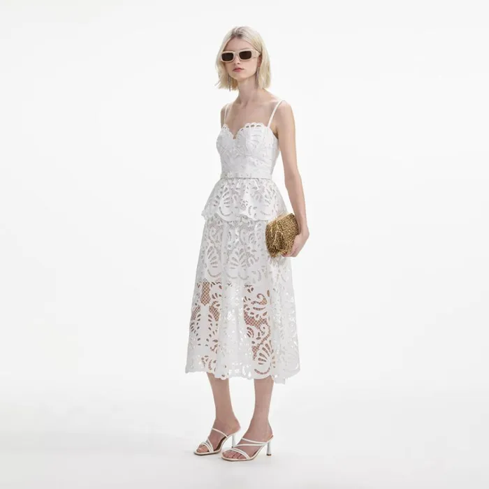 Self Portrait Dresses White Cotton Lace Tiered Midi Dress 8211 Women Self Portrait Dresses White Cotton Lace Tiered Midi Dress 8211 Women