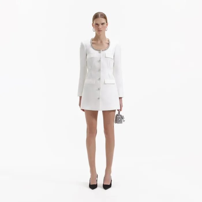 Self Portrait Dresses White Crepe Diamante Trim Mini Dress 8211 Women