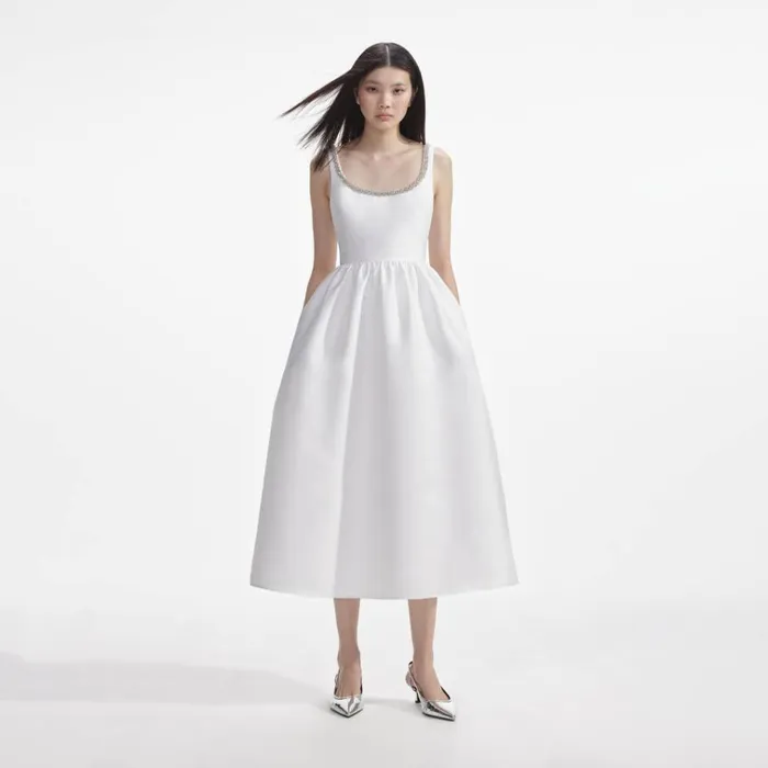 Self Portrait Dresses White Taffeta Diamante Midi Dress 8211 Women