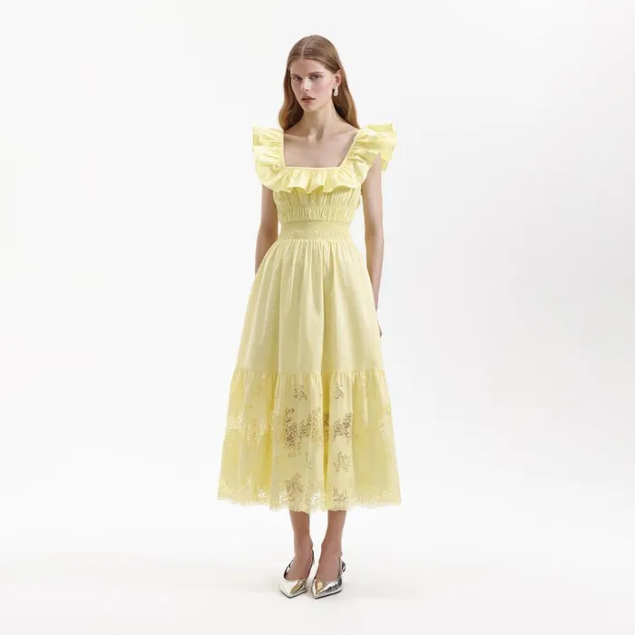 Self Portrait Dresses Yellow Cotton Midi Dress 8211 Women Self Portrait Dresses Yellow Cotton Midi Dress 8211 Women