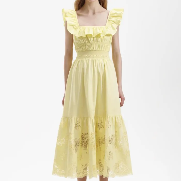Self Portrait Dresses Yellow Cotton Midi Dress 8211 Women Self Portrait Dresses Yellow Cotton Midi Dress 8211 Women