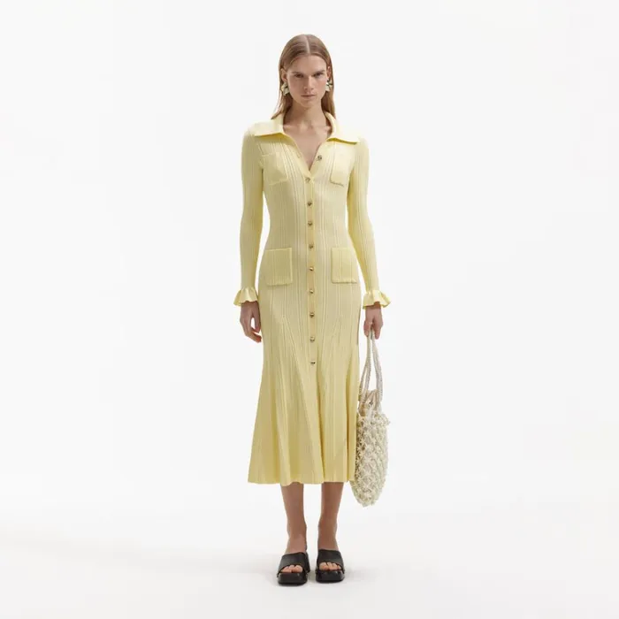 Self Portrait Dresses Yellow Ribbed Knit Midi Dress 8211 Women