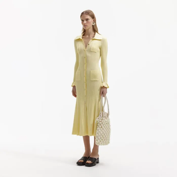 Self Portrait Dresses Yellow Ribbed Knit Midi Dress 8211 Women Self Portrait Dresses Yellow Ribbed Knit Midi Dress 8211 Women