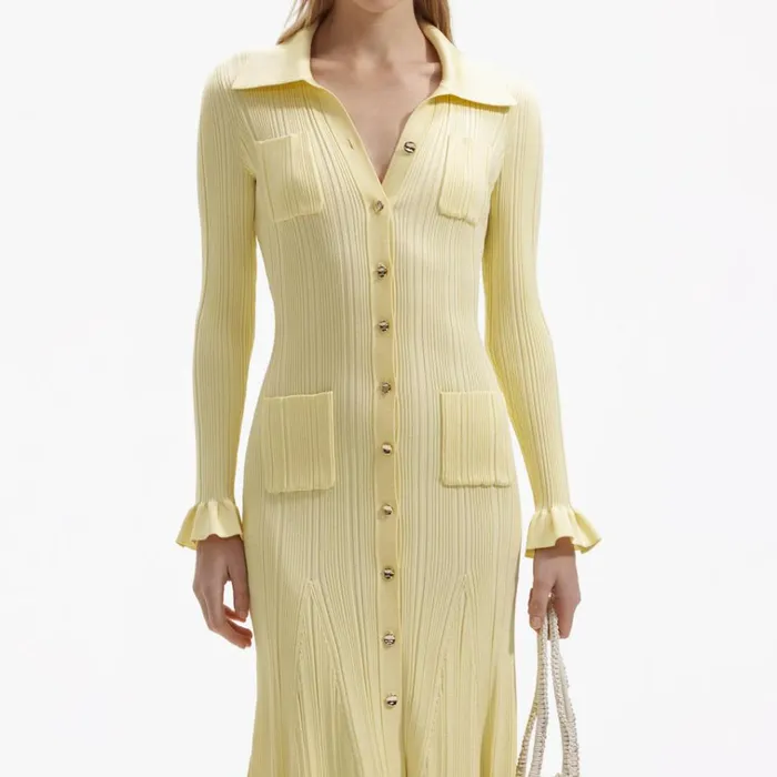 Self Portrait Dresses Yellow Ribbed Knit Midi Dress 8211 Women Self Portrait Dresses Yellow Ribbed Knit Midi Dress 8211 Women