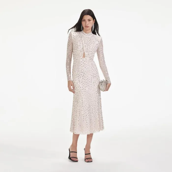 Self Portrait Exclusives Champagne Rhinestone Mesh Midi Dress 8211 Women