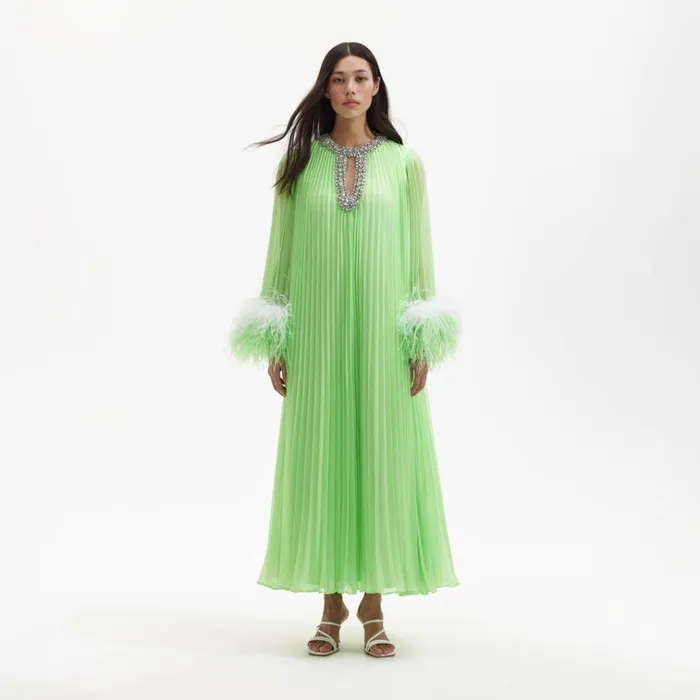 Self Portrait Exclusives Green Chiffon Feather Midi Dress 8211 Women