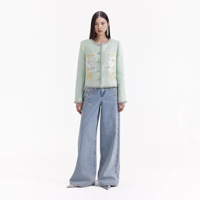 Self Portrait Exclusives Mint Hand Embroidered Daffodil Boucle Jacket 8211 Women