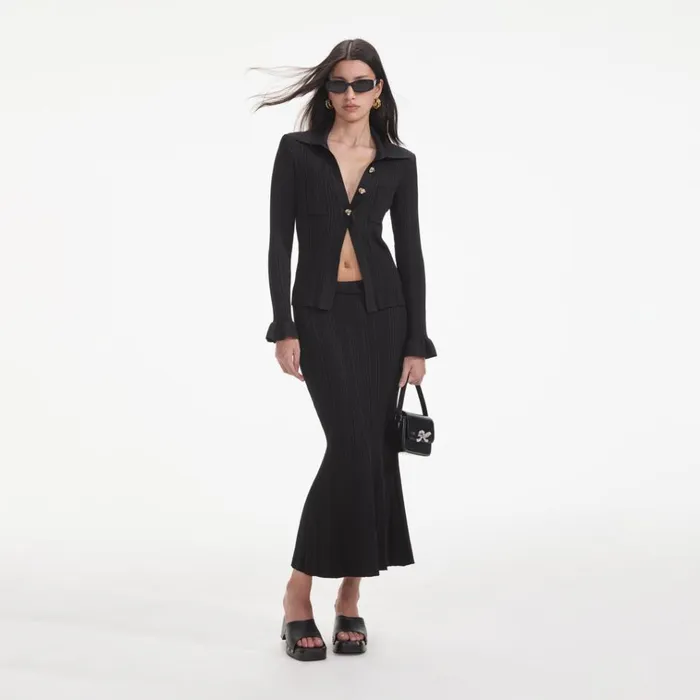 Self Portrait Knitwear Black Ribbed Midi Skirt 8211 Women