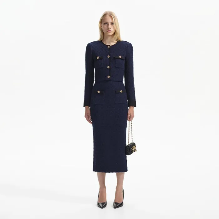 Self Portrait Knitwear Navy Weave Cropped Cardigan 8211 Women