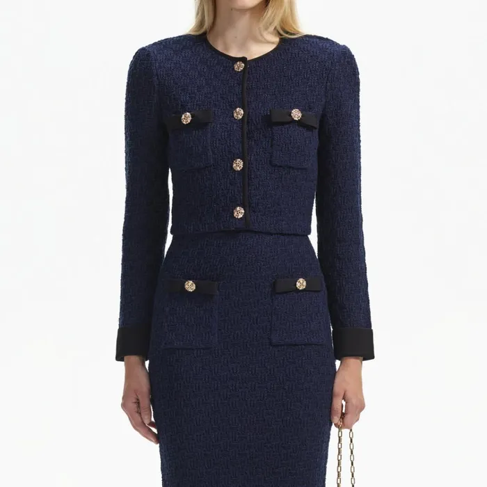 Self Portrait Knitwear Navy Weave Cropped Cardigan 8211 Women Self Portrait Knitwear Navy Weave Cropped Cardigan 8211 Women
