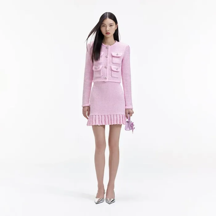 Self Portrait Knitwear Pink Sequin Textured Knit Jacket 8211 Women