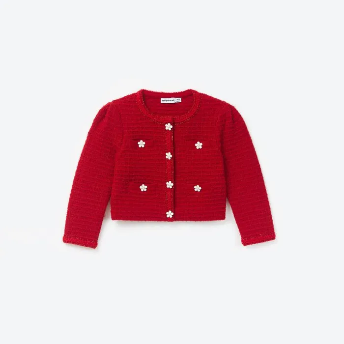 Self Portrait Knitwear Red Textured Knit Cardigan 8211 Kids