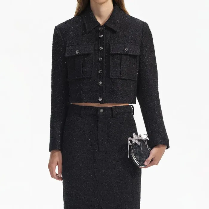 Self Portrait Outerwear Black Boucle Cropped Jacket 8211 Women Self Portrait Outerwear Black Boucle Cropped Jacket 8211 Women