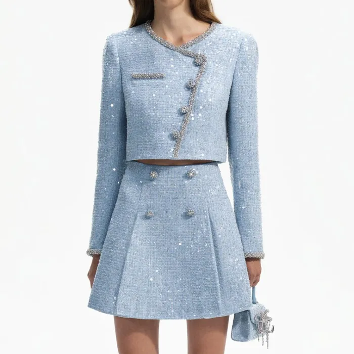 Self Portrait Outerwear Blue Sequin Boucle Cropped Jacket 8211 Women Self Portrait Outerwear Blue Sequin Boucle Cropped Jacket 8211 Women