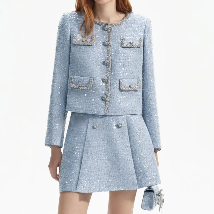 Self Portrait Outerwear Blue Sequin Boucle Jacket 8211 Women Self Portrait Outerwear Blue Sequin Boucle Jacket 8211 Women