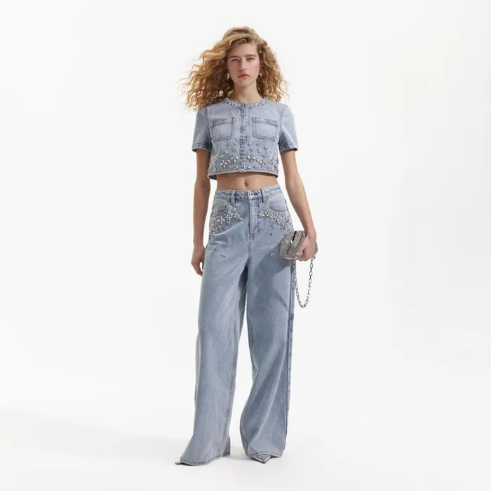 Self Portrait Tops Blue Embellished Denim Top 8211 Women
