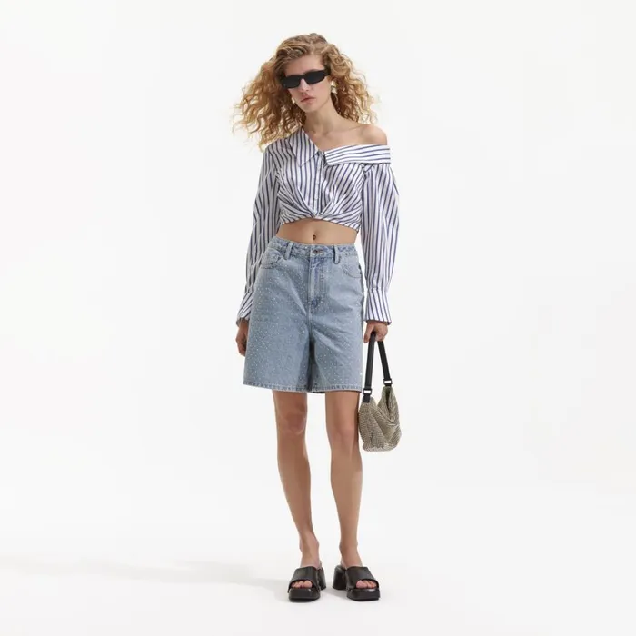 Self Portrait Tops Blue Stripe Cotton Crop Top 8211 Women