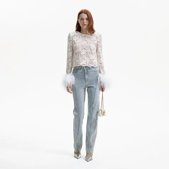 Self Portrait Tops Cream Cord Lace Feather Top 8211 Women