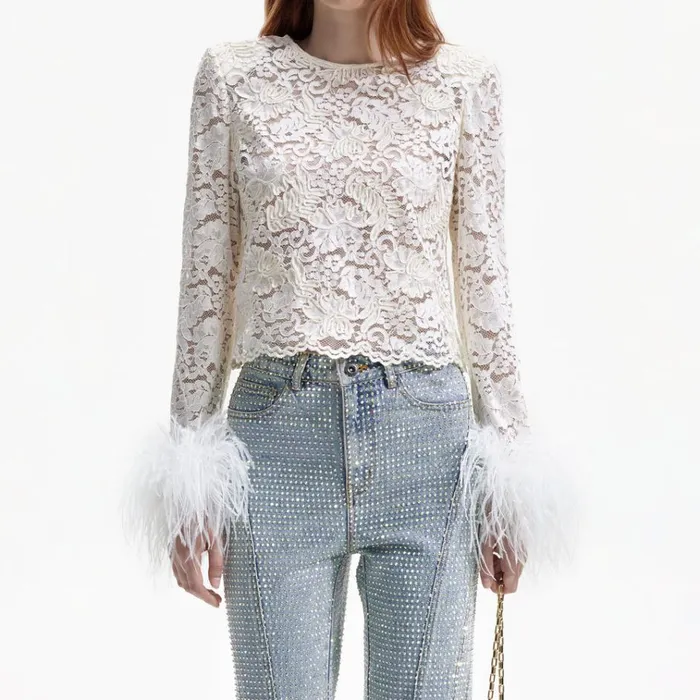 Self Portrait Tops Cream Cord Lace Feather Top 8211 Women Self Portrait Tops Cream Cord Lace Feather Top 8211 Women