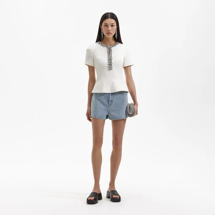 Self Portrait Tops Cream Crepe Embellished Top 8211 Women