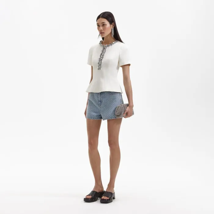 Self Portrait Tops Cream Crepe Embellished Top 8211 Women Self Portrait Tops Cream Crepe Embellished Top 8211 Women