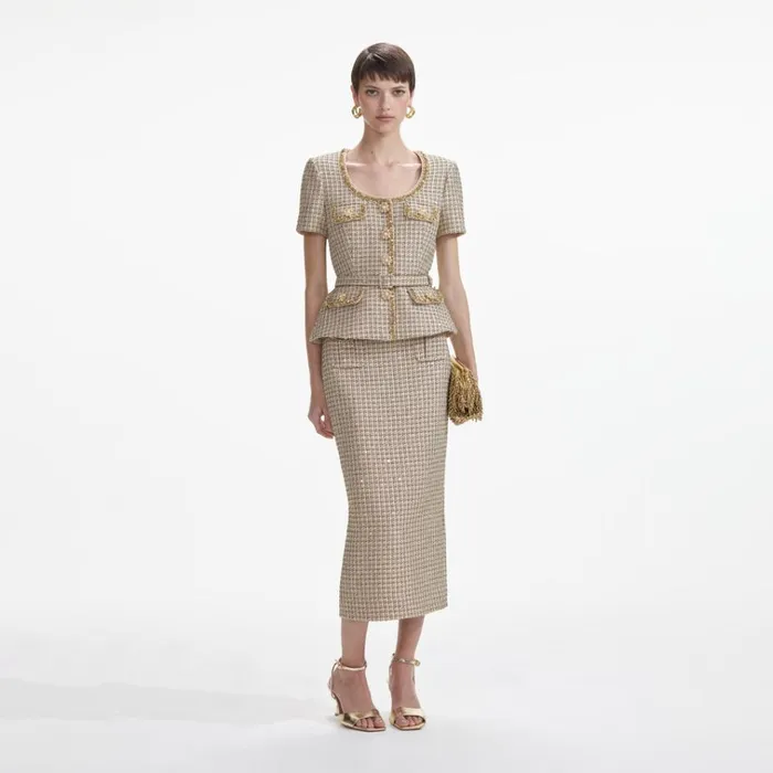 Self Portrait Tops Gold Boucle Peplum Top 8211 Women