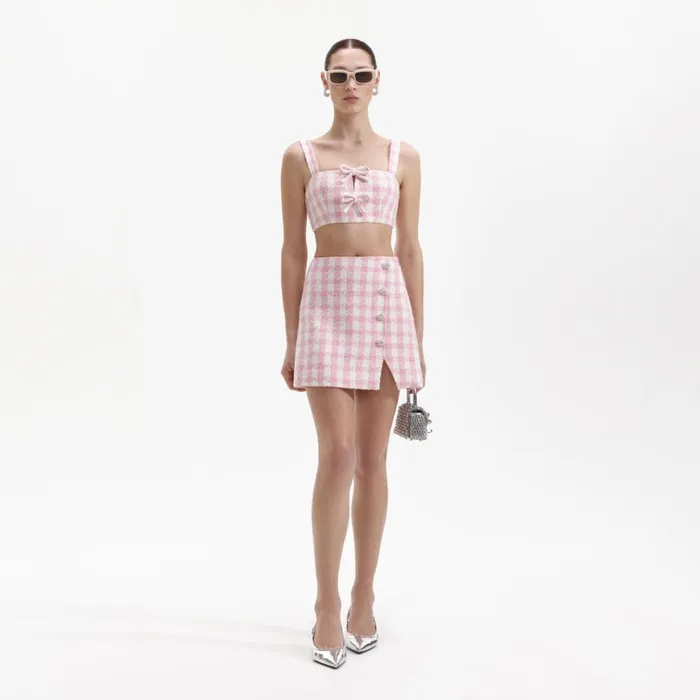 Self Portrait Tops Pink Check Boucle Crop Top 8211 Women