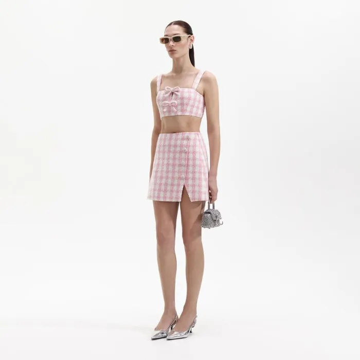 Self Portrait Tops Pink Check Boucle Crop Top 8211 Women Self Portrait Tops Pink Check Boucle Crop Top 8211 Women