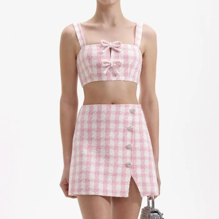 Self Portrait Tops Pink Check Boucle Crop Top 8211 Women Self Portrait Tops Pink Check Boucle Crop Top 8211 Women