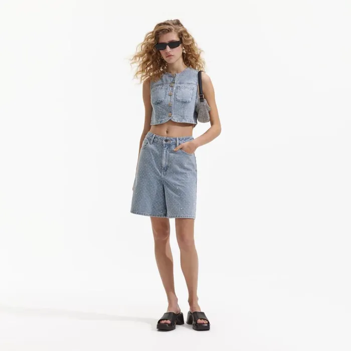 Self Portrait Tops Rhinestone Denim Crop Top 8211 Women