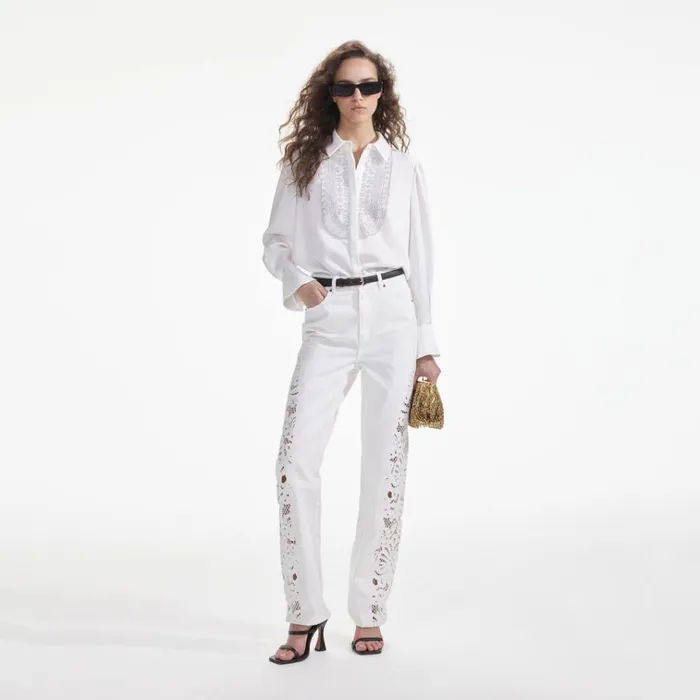 Self Portrait Tops White Satin Embellished Bib Blouse 8211 Women
