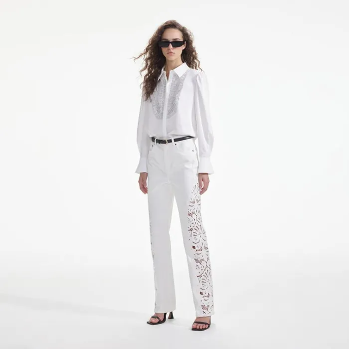 Self Portrait Tops White Satin Embellished Bib Blouse 8211 Women Self Portrait Tops White Satin Embellished Bib Blouse 8211 Women
