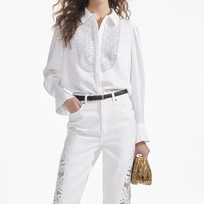 Self Portrait Tops White Satin Embellished Bib Blouse 8211 Women Self Portrait Tops White Satin Embellished Bib Blouse 8211 Women