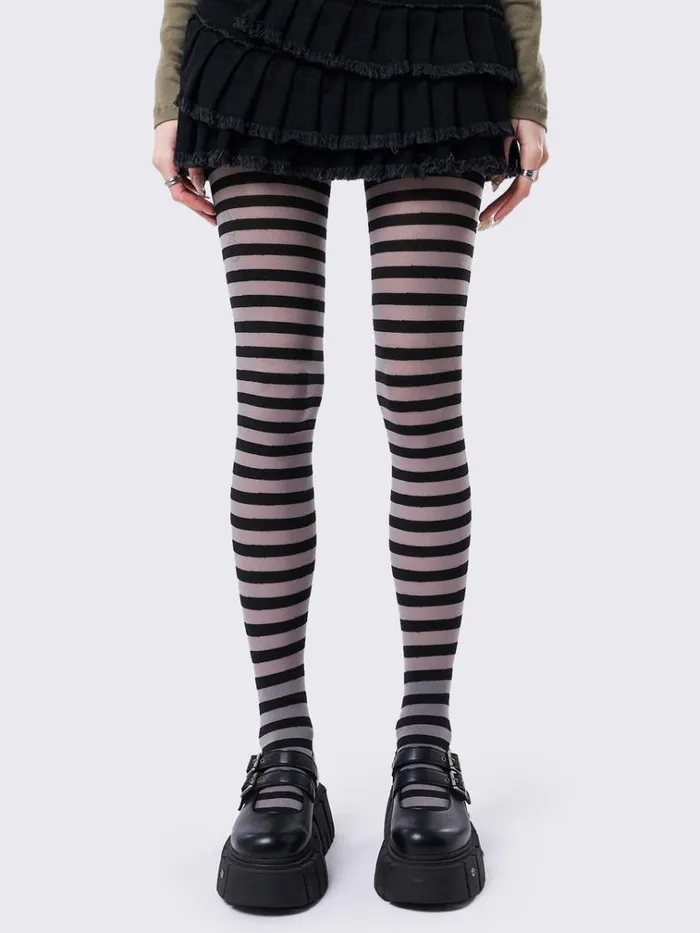 Shop Aoki Grey and Black Striped Tights Minga London Accessories